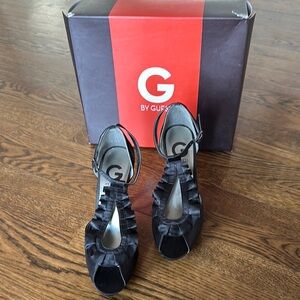 G by Guess Black Peep Toe Black Satin Women's Shoes